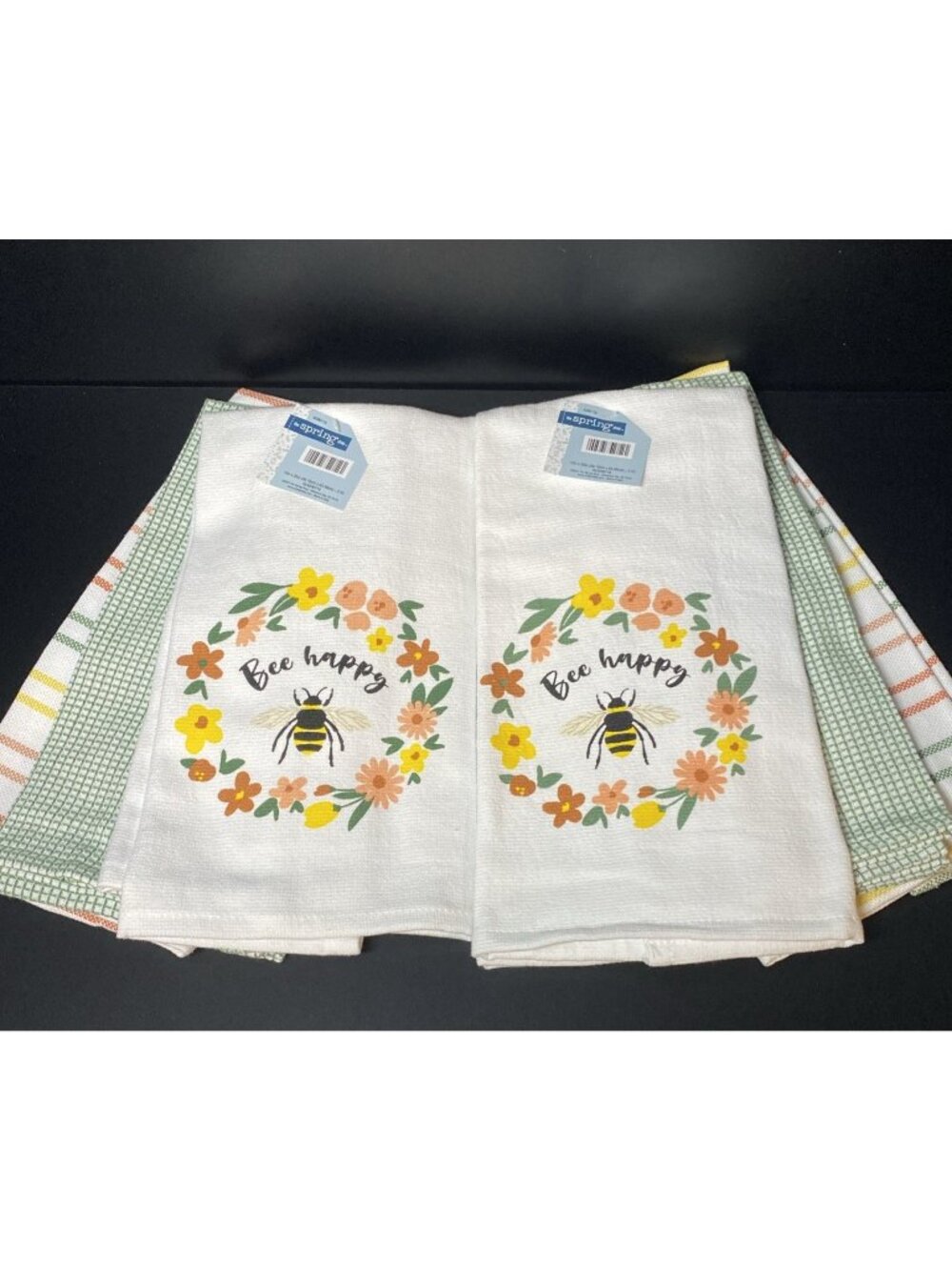 LOT of 6 Kitchen Hand Tea Dish Towels Bee Happy Peach Green Yellow Set NEW NWT